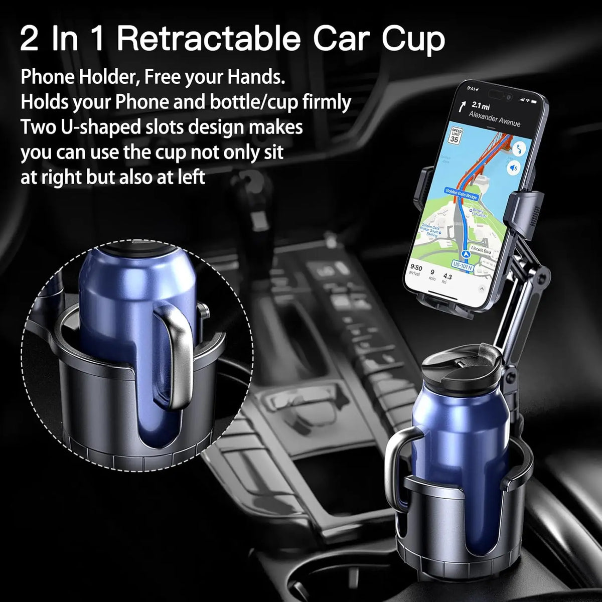 Soporte de móvil para coche 2 en 1 con portavasos y giro de 360°