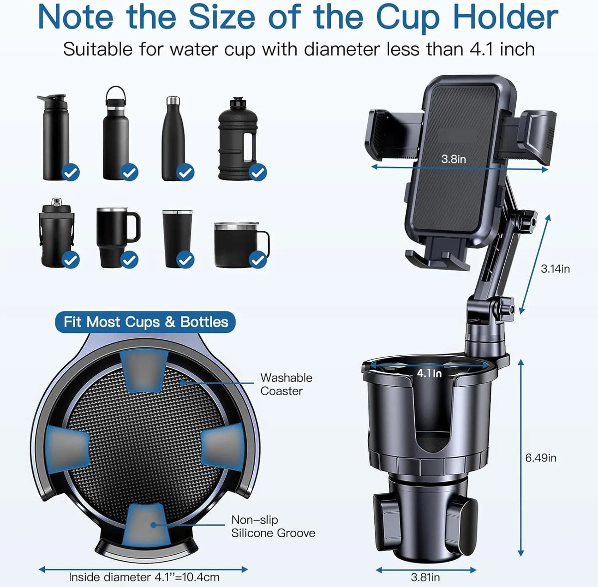 Soporte de móvil para coche 2 en 1 con portavasos y giro de 360°
